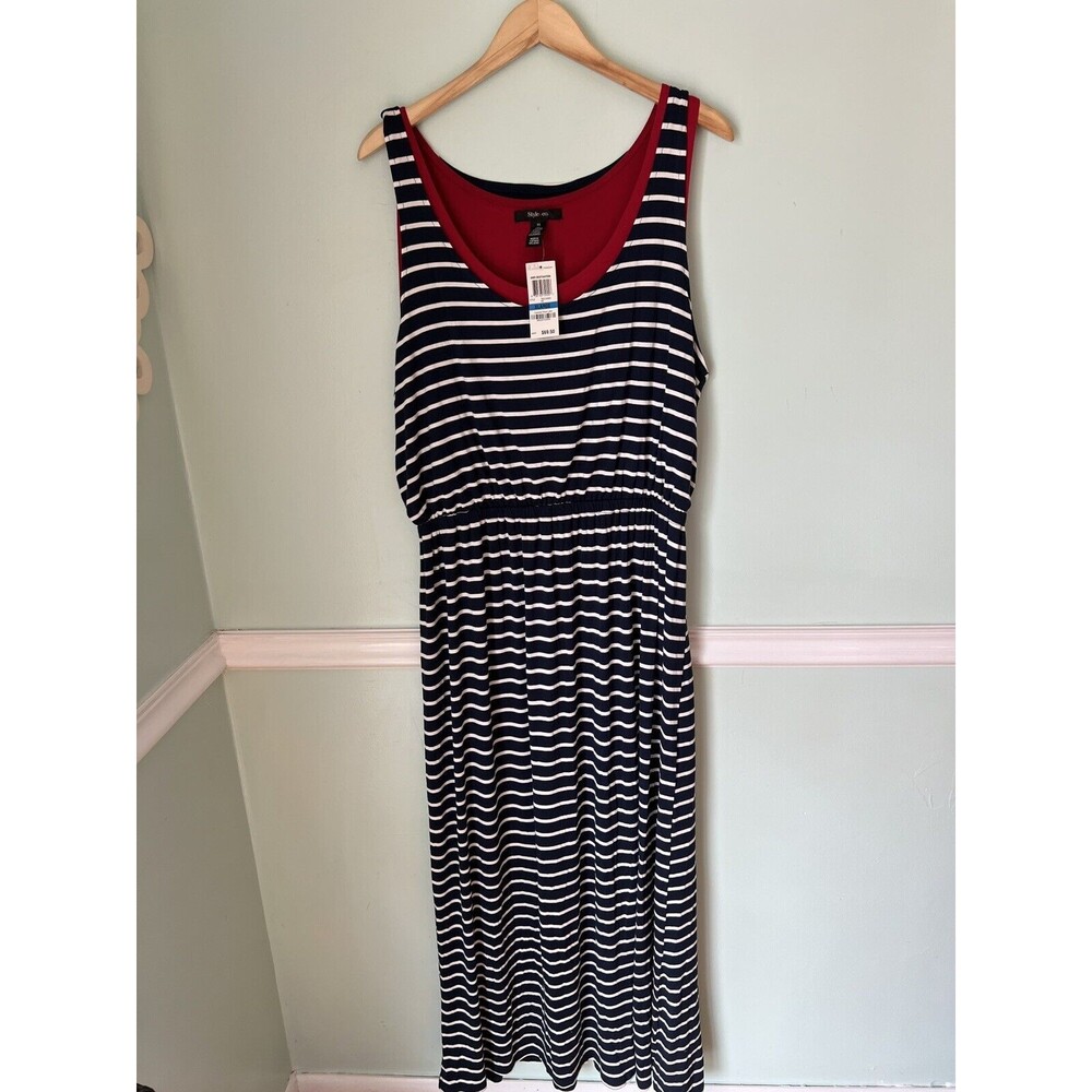 Style and Co Navy and white red cami‎ striped Casual maxi Dress size XL NEW